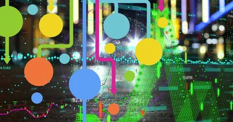 Streaming data visualization across night street, with circles, lines and data Foto stock