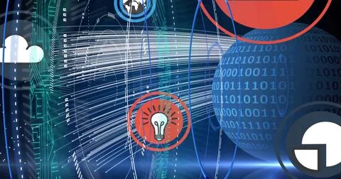 Streaming data visualization sweeping across screen, with red light-bulb, binary Stock Photos