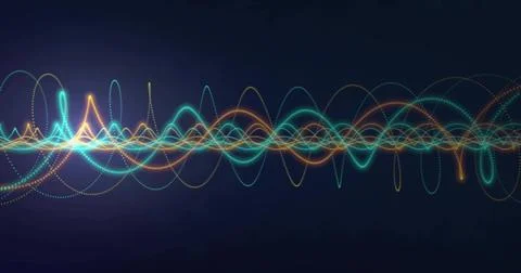 Streaming dense band of neon waveforms oscillating on navy gradient backdrop Stock Illustration