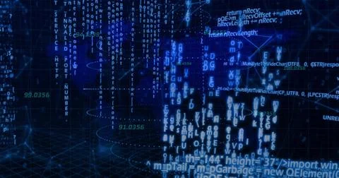 Streaming dense blue code cluster cascading in virtual data environment, with Stock Illustration