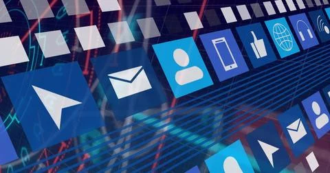 Streaming diagonal band of blue app tiles moving across virtual dashboard, with Stock Photos