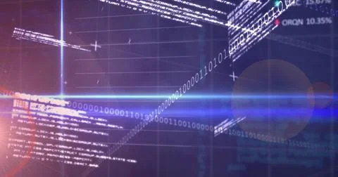 Streaming diagonal binary digits across virtual UI, showing code, blue beam, Stock Photos