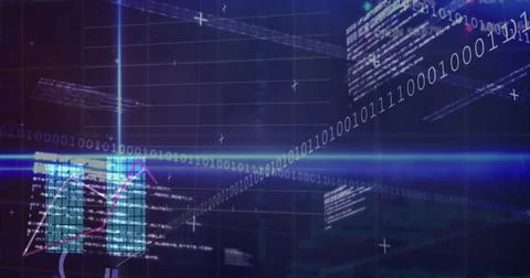 Streaming diagonal binary stream slicing horizontal blue flare in 3D data HUD, Stock Illustration
