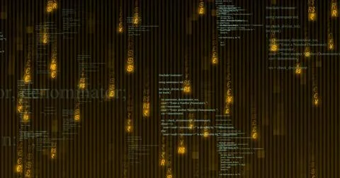 Streaming digital code and golden currency symbols down dark brown striped Stock-Fotos