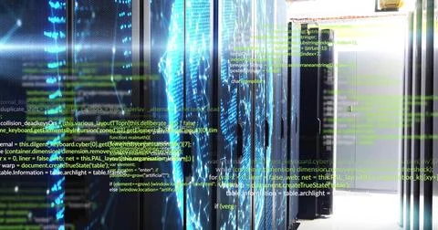 Streaming digital code overlays simulating data flow in data center corridor Stock Illustration