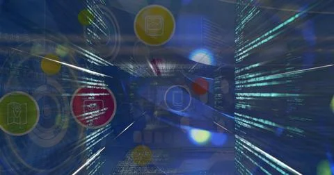 Streaming digital code tunnel in virtual corridor, with UI rings and floating Stockillustratie