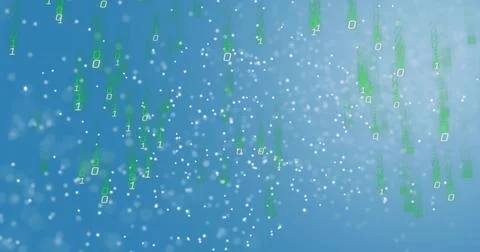 Streaming digital data field moving across blue field, with green binary, white Illustrazione stock
