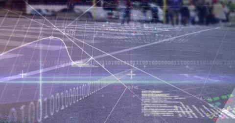 Streaming digital data overlays and binary code on urban street crosswalk with 스톡 사진