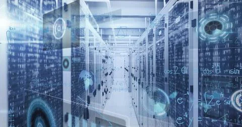 Streaming digital data through server corridor in data center, with server racks Stockfoto's