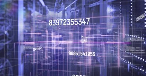 Streaming digital grid overlay through dim data center hallway, with server Stock Photos