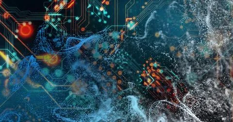 Streaming digital network pulsing in data space with glowing circuit traces and 스톡 일러스트