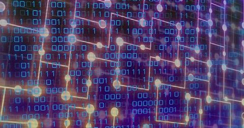 Streaming digital network unfolding on dark purple background, with binary code Stock Photos