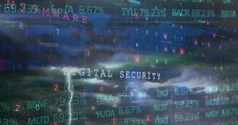 Streaming DIGITAL SECURITY text on stormy cyberspace interface, with world map Fotos de archivo