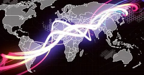 Streaming digital world map pulsing neon light trails across dark grid, with Stock Illustration