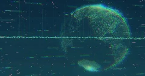 Streaming dot-cloud globe rotating on right in data space, showing waveform and Stock Illustration
