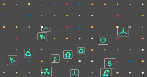 Streaming eco icons over digital grid with wind-turbine recycle plug power Ilustração Stock