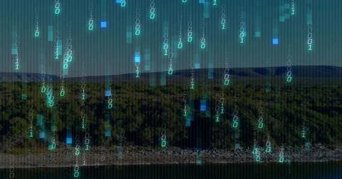 Streaming falling binary overlay obscuring forest-covered shoreline and water at Stock Photos