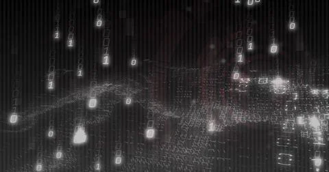 Streaming field of cascading binary digits across virtual data plane, showing Illustrazione stock