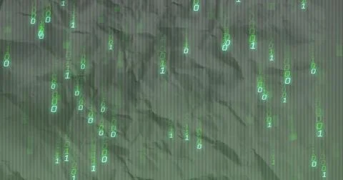 Streaming field of green binary digits cascading across digital screen, with  Illustrazione stock