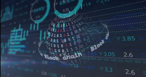 Streaming financial data initiating 3D binary globe rotation with charts showing Stock Footage 311097922