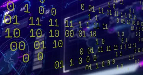 Streaming floating green binary digits 0s and 1s flowing across command center, Stock Illustration