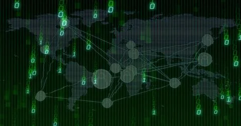 Streaming global network map pulsing across dark green interface, binary digits Stockillustratie