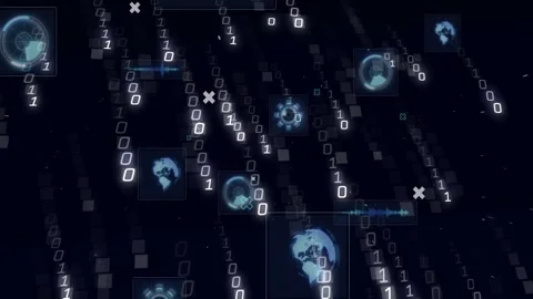 Streaming globe icons and binary streams expanding in cyberspace, driven by Stock Footage 330426222