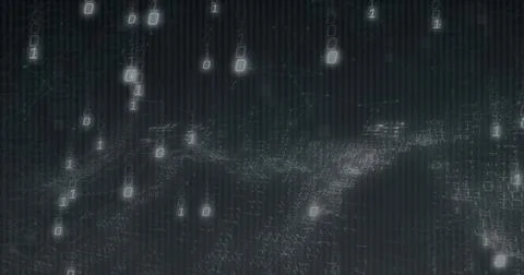 Streaming glowing binary digits cascading on 3D grid surface in network, faint Stock Illustration