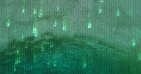 Streaming glowing binary digits cascading across digital simulation, water-like 스톡 사진