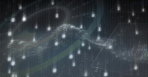 Streaming glowing binary digits forming 3D wave above dark grid lines, with l Stock Illustration