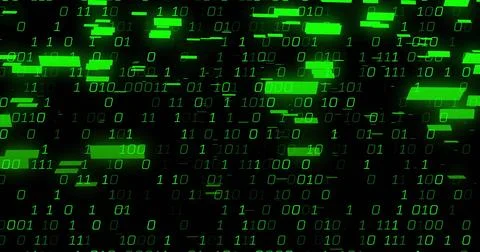 Streaming glowing green binary digits moving across digital field, with neon Stock Illustration