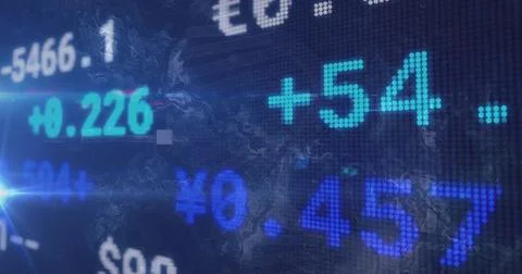 Streaming glowing numeric and currency data across LED display at trading floor, 库存插图