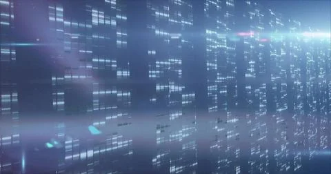 Streaming glowing rectangular data segments floating in 3D space, with 库存插图