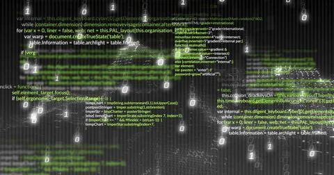 Streaming green and white code fragments across dark grid in virtual interface, 스톡 사진
