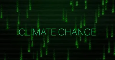 Streaming green binary code around glowing CLIMATE CHANGE text in digital Stock Illustration