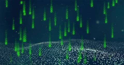 Streaming green binary code cascading through digital landscape, forming glowing Illustrazione stock