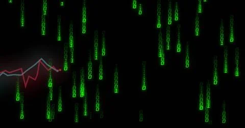 Streaming green binary digit columns in dark data stream, showing red blue line 写真素材