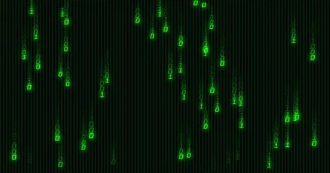 Streaming green binary digit streams cascading across dark grid panel, with neon Stock Illustration