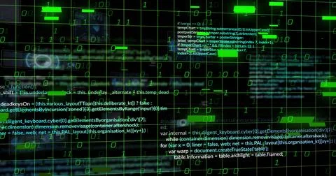 Streaming green binary digits across dark grid lines with white code snippets Stock Illustration