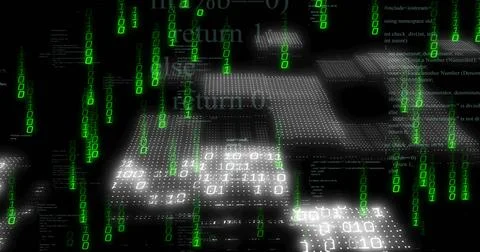 Streaming green binary digits and white code panels forming grid in cyberspace 写真素材