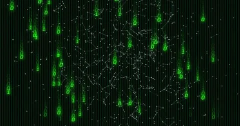 Streaming green binary digits cascading through virtual environment, with white Illustrazione stock