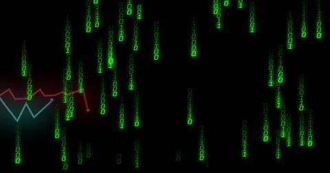 Streaming green binary digits cascading across black, showing teal chart with Illustrazione stock