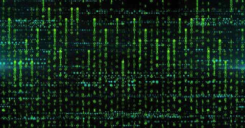 Streaming green binary digits cascading in virtual digital space, with vertical Foto stock