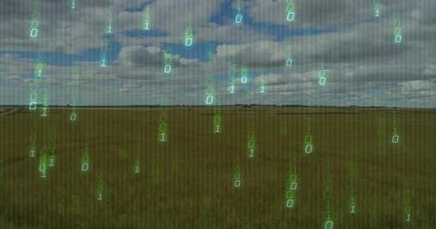 Streaming green binary digits cascading over farmland under partly cloudy sky, Foto stock