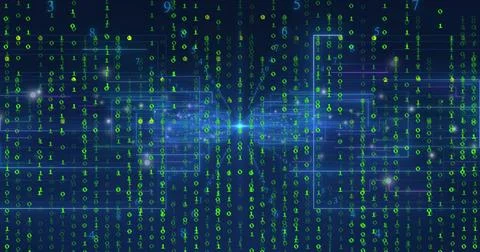 Streaming green binary digits creating cascading code matrix in dark cyber Stock Illustration