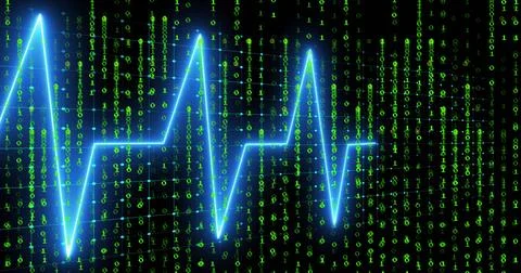 Streaming green binary digits in cyberspace visualization, pulsing neon-blue Stockfoto's