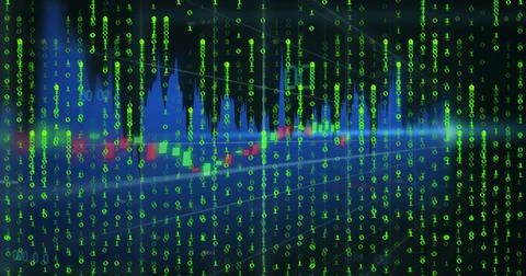 Streaming green binary digits overlaying candlestick bars and blue line graph in Stock Illustration
