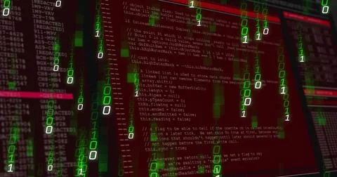 Streaming green binary rain flowing over red code windows in virtual lab, 스톡 일러스트