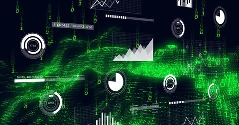 Streaming green binary waveform flowing across virtual data HUD, showing gauges, Illustrazione stock