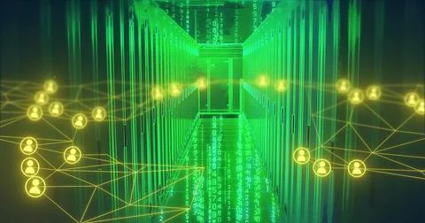 Streaming green code along central aisle of server racks in data center, yellow Illustrazione stock